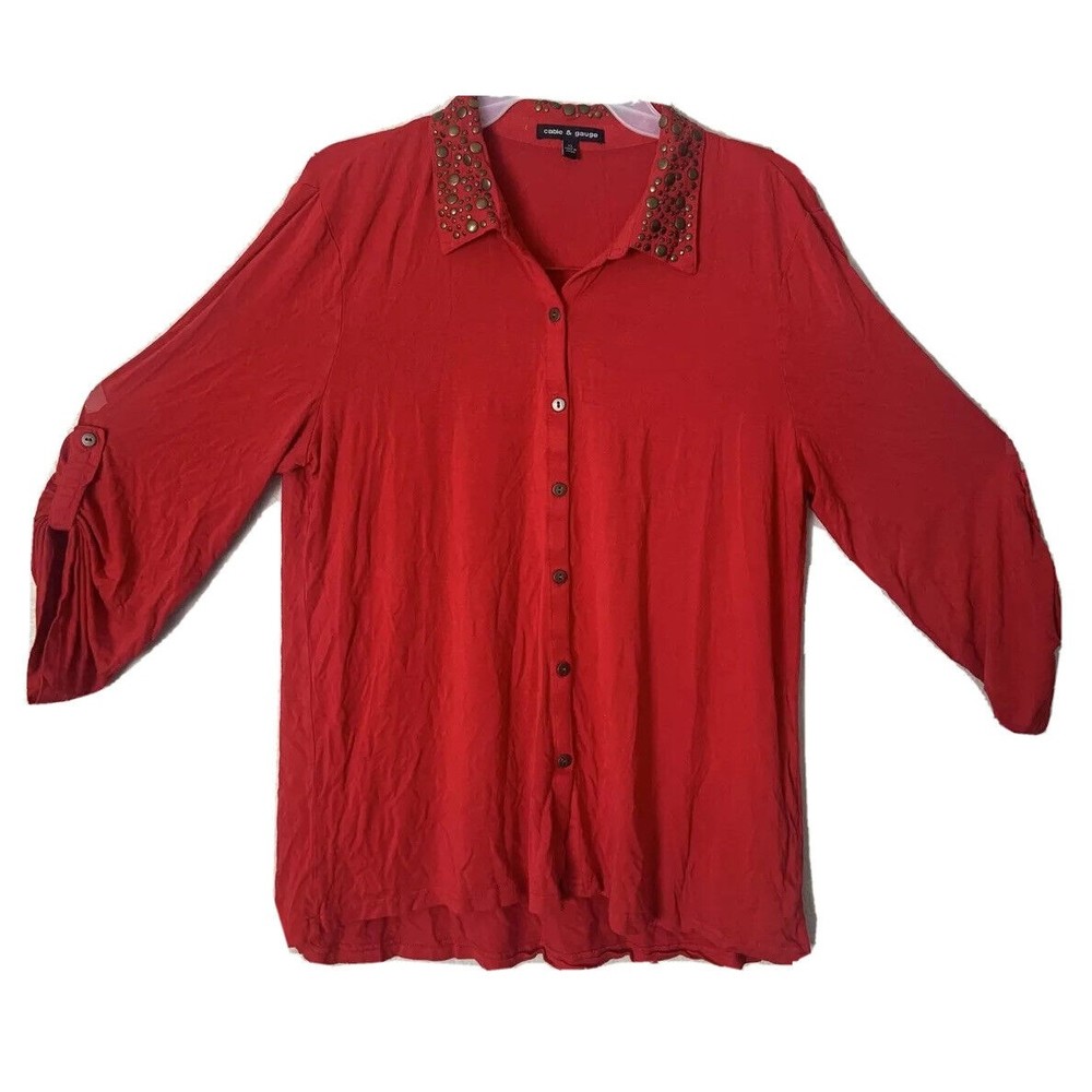 CABLE & GUAGE RED COLLAR STUDDED WOMENS 3/4 SLEEVE SHIRT SIZE XL BZ